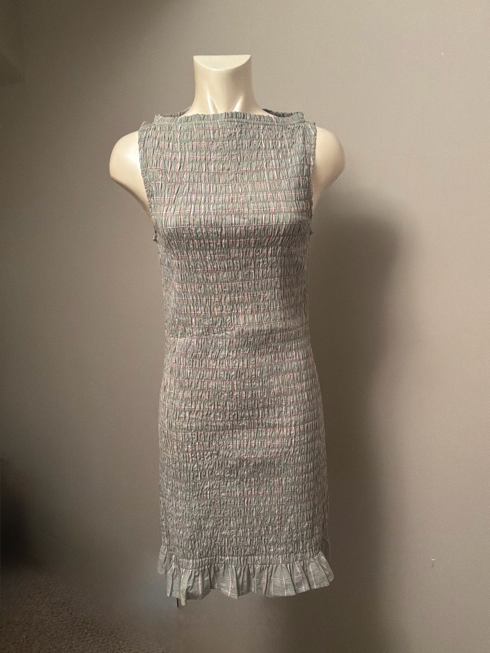 Wayf Light Gray and Pink Smocked Midi Dress